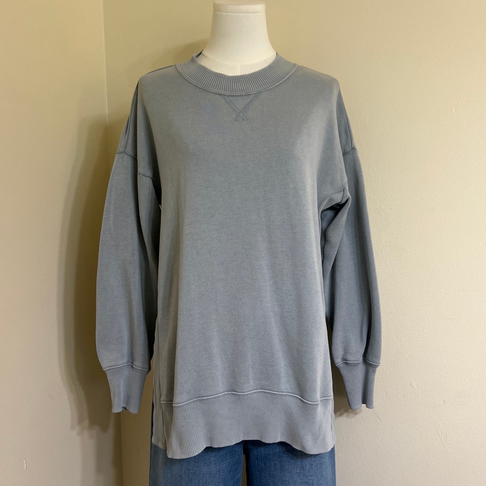 Aerie Oversized Crew Neck Sweatshirt Dusty Blue Side Slit Tunic XS